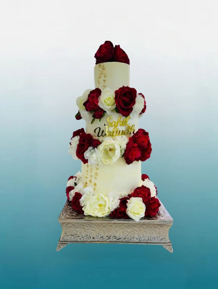 3-Tier Celebration Wedding Cake with Red Roses | Custom Colours