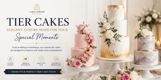 Custom tier cakes in Birmingham with elegant wedding and birthday cake designs by Cake Corner.