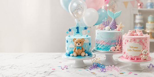 Best kids cakes in Birmingham featuring personalised teddy bear, mermaid and baby celebration cakes for children's birthdays