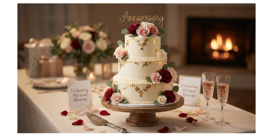 Anniversary cake centerpiece with gold leaf detailing, romantic roses, and celebration setup for Cake Corner