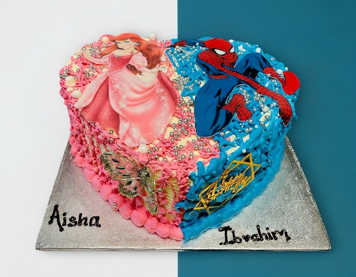 Princess & Superhero Shared Celebration Heart Shape Cake