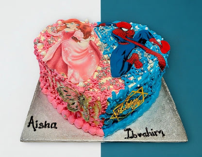 Princess & Superhero Shared Celebration Heart Shape Cake