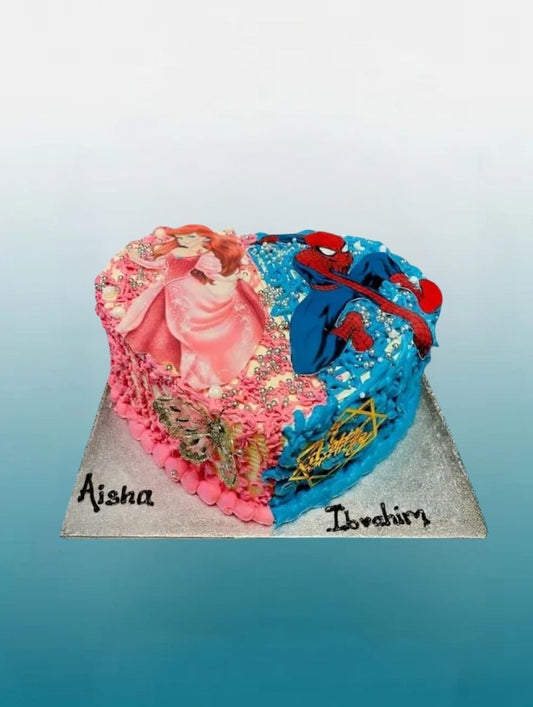 Princess & Superhero Shared Heart Shape Cake | Personalised Cake