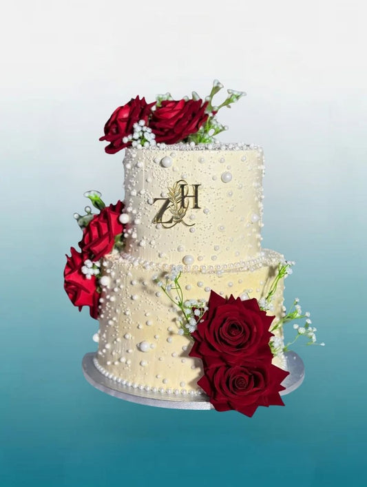 Ivory Rose Two-Tier Wedding Cake | Elegant Pearl Celebration