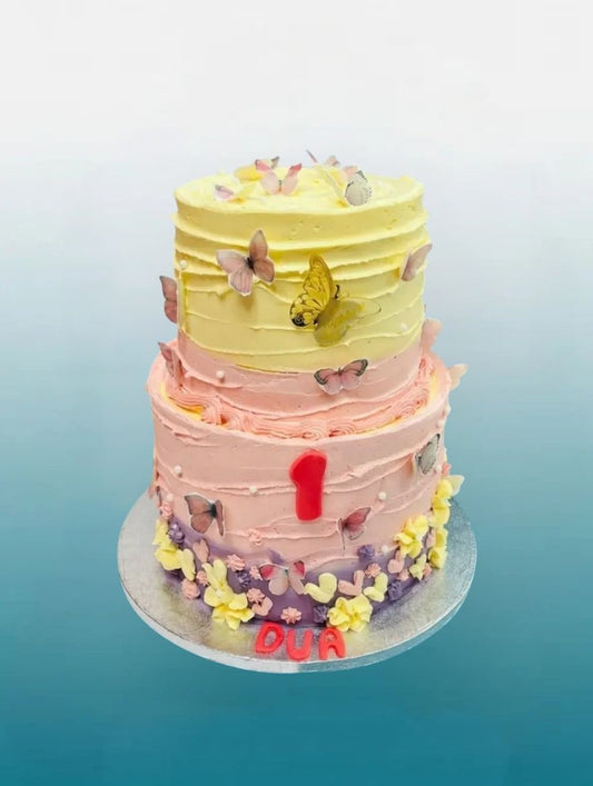 Butterfly Meadow Tiered Cake | Personalised Two Tier Birthday Cake