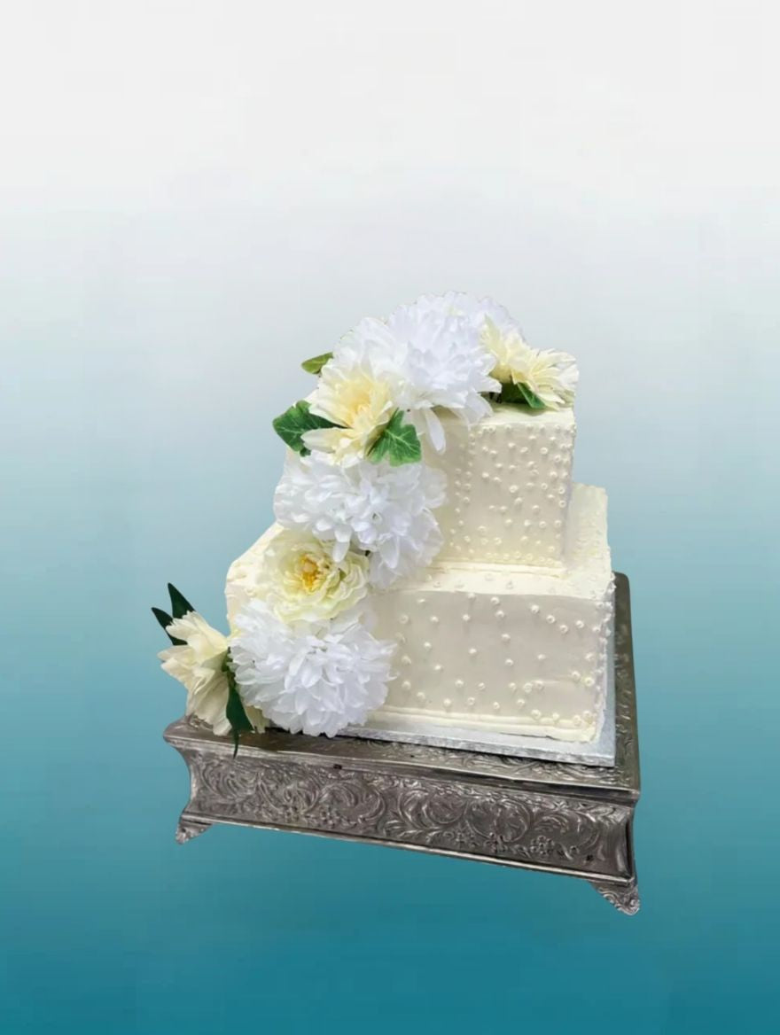 White Blossom Cascade Wedding Cake | Elegant 2-Tier Floral Cake