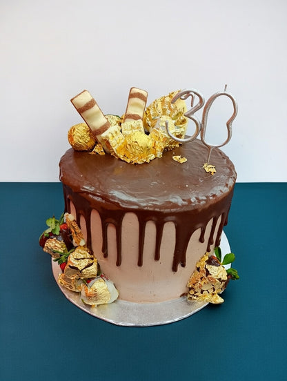 Golden Indulgence Chocolate Drip Birthday Cake