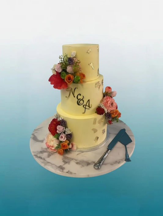 Golden Blossom Three Tier Wedding Cake | Luxury Celebration Cake