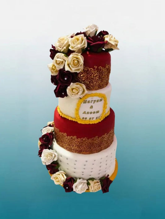 Grand Red & White 4-Tier Wedding Cake | Luxury Celebration Cake