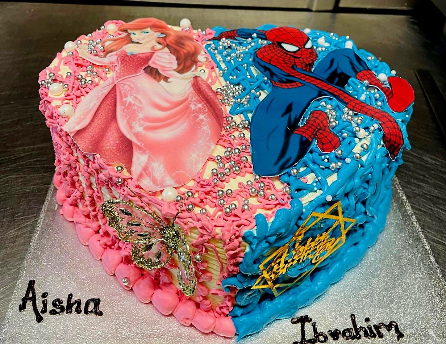 Princess & Superhero Shared Celebration Heart Shape Cake