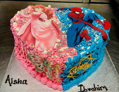 Princess & Superhero Shared Celebration Heart Shape Cake