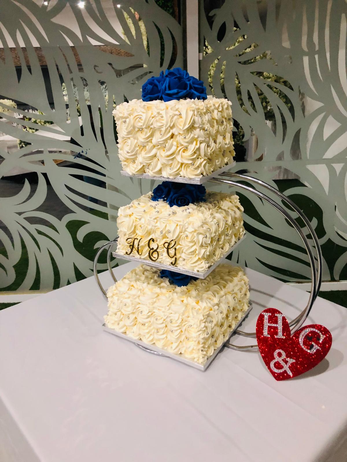 Three Tier Blue Blossom Wedding Cake