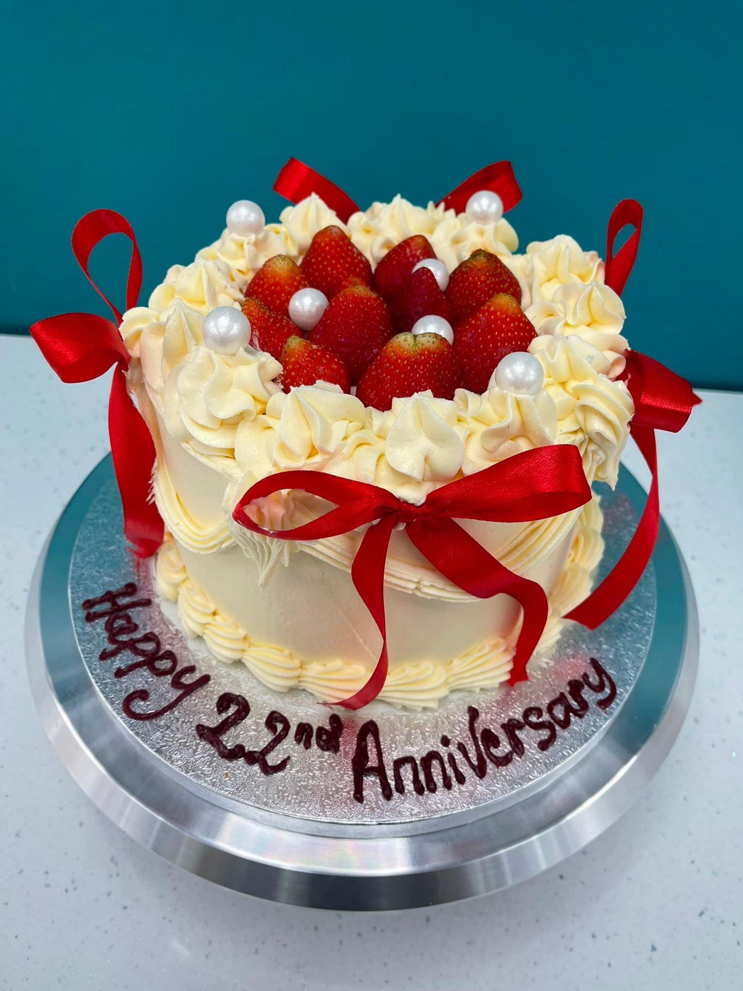 Anniversary Cake with fruits and Pearls